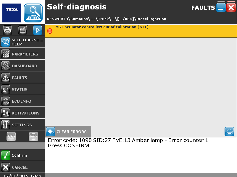 Specific Cummins engine with VGT over it. (Fault page of self-diagnosis)