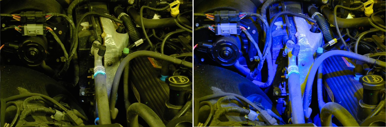 Many lights marketed for UV are actually blue lights (right). Although they may look brighter because they produce more visible light, they are not as effective at spotting leaks. The UView True UV light on the left helps pinpoint the leak.