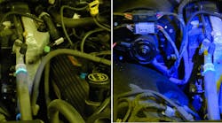 Many lights marketed for UV are actually blue lights (right). Although they may look brighter because they produce more visible light, they are not as effective at spotting leaks. The UView True UV light on the left helps pinpoint the leak.