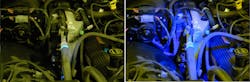 Many lights marketed for UV are actually blue lights (right). Although they may look brighter because they produce more visible light, they are not as effective at spotting leaks. The UView True UV light on the left helps pinpoint the leak.