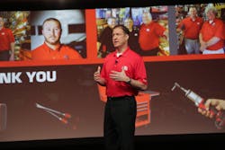 Mac Tools President Brett Shaw speaks to attendees at the opening kick-off of the 2015 Mac Tools Tool Fair.