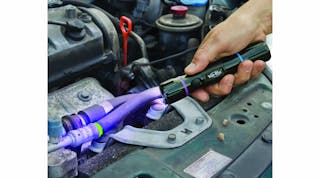 The Tracer Products Tracerline Vio-Blu Cordless, Dual-Head LED Flashlight features a high-output True UV LED at one end and a super-bright blue light LED at the other, to help detect A/C leaks. For product information, visit VehicleServicePros.com/11545333.