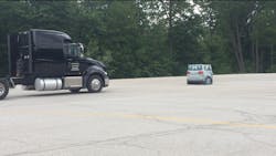 The Navistar ProStar stopped while traveling 25mph. This ProStar is equipped with the Bendix Wingman Fusion safety system. The Navistar ProStar stopped while traveling 25mph. This ProStar is equipped with the Bendix Wingman Fusion safety system.