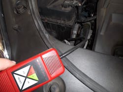 Using an electronic leak detector, check the normal areas for active leaks such as the compressor housing and seals, connections, service ports and condenser seams.