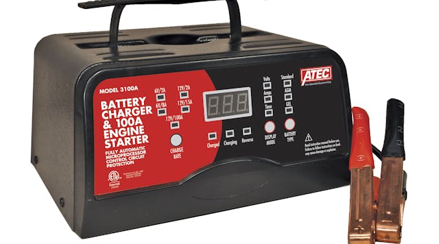 The ATEC Smart Battery Chargers, capable of charging all battery types, including AGM and Gel come in three 6/12V smart charger models, Nos. 3055A, 3075A and 3100A. All three models feature automatic bad battery detection, engine start and an LED digital display indicating charging voltage, amperage, charge time and countdown for start function.