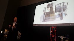 Roy Horton, director of product strategy, Mack Trucks, highlights features of the company&apos;s ClearTech One - a single-package exhaust aftertreatment system.