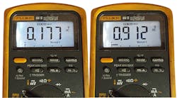 Digital multimeter. Using the min/max feature on our DMM, we observed a minimum voltage of 177mV (left) and a maximum of 912mV (right). On the surface that seems normal, but we have no reference to time.