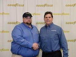 Julian Kaczor, winner of the 33rd Goodyear Highway Hero Award shakes hands with Gary Medalis, Goodyear marketing director. Julian Kaczor, winner of the 33rd Goodyear Highway Hero Award shakes hands with Gary Medalis, Goodyear marketing director.