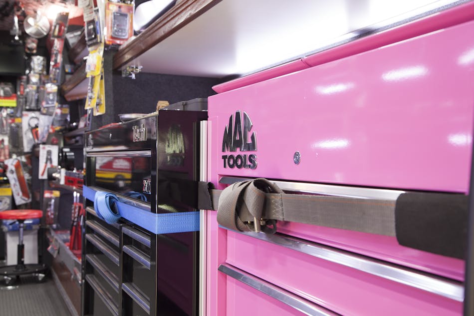 Toolbox storage. Ortiz can fit three large toolboxes on his truck, with one of the positions high enough to fit a box and hutch combination. Seen here, two Mac Tools tool carts are stored in the area where one larger box would fit.