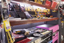 Front and center product. Ortiz made sure to position cordless tools on the shelving customers first see when they enter the truck because the product category has been selling well. “As soon as you walk in, you’ll notice all the cordless tools. Then to the right of it, you’ll see all the air tools, hammers, prybars. I thought that was kind of cool.” Front and center product. Ortiz made sure to position cordless tools on the shelving customers first see when they enter the truck because the product category has been selling well. “As soon as you walk in, you’ll notice all the cordless tools. Then to the right of it, you’ll see all the air tools, hammers, prybars. I thought that was kind of cool.”