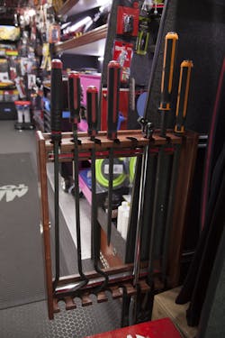 Sliding pry bar storage. This compact storage solution pulls out to neatly display Ortiz’s pry bar selection, and tucks easily away. Sliding pry bar storage. This compact storage solution pulls out to neatly display Ortiz’s pry bar selection, and tucks easily away.