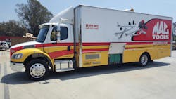 On-truck air. Ortiz has an air compressor stored on the outside of his truck, providing him the ability to demo pneumatic tools right on the truck. On-truck air. Ortiz has an air compressor stored on the outside of his truck, providing him the ability to demo pneumatic tools right on the truck.