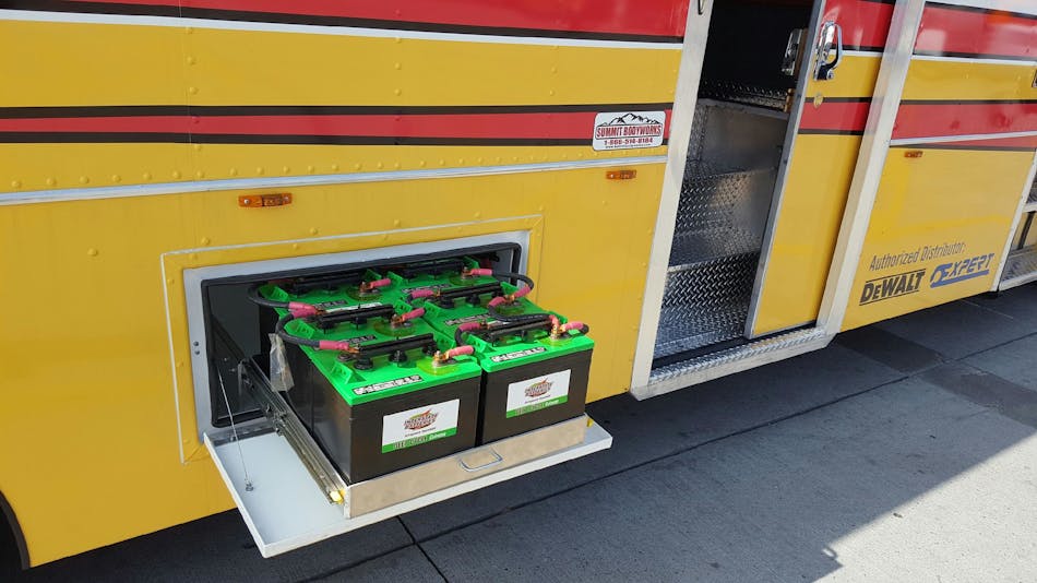 Battery storage slideout. The truck features a lighted external battery box with slide-out tray.