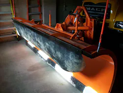 Rolls of old conveyor belting can be repurposed by cutting to length and installing it as a poor man’s snowplow blade deflectors. Rolls of old conveyor belting can be repurposed by cutting to length and installing it as a poor man’s snowplow blade deflectors.