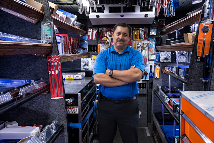 Cornwell Tools dealer Mario Mendez runs a route in Fontana, Calif.