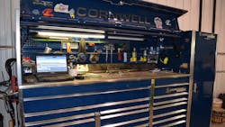 This 108' blue Cornwell toolbox features 21 drawers in the main box, one side locker and a matching tool cart (not pictured). This 108' blue Cornwell toolbox features 21 drawers in the main box, one side locker and a matching tool cart (not pictured).