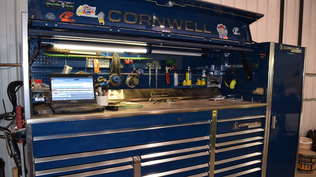 This 108&apos; blue Cornwell toolbox features 21 drawers in the main box, one side locker and a matching tool cart (not pictured).