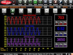 This scan tool graphing screenshot compares rpm, O2 voltage and the MAF sensor. Note the graphs all rise at the same rate and time.