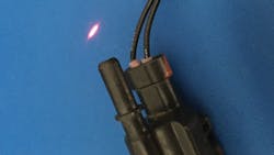 In order to see a small leak, one trick that may work is to dim the lights in the shop and use a laser pointer along the EVAP lines, which will highlight the smoke trail. Here, the laser pointer highlights the leak from an EVAP solenoid. In order to see a small leak, one trick that may work is to dim the lights in the shop and use a laser pointer along the EVAP lines, which will highlight the smoke trail. Here, the laser pointer highlights the leak from an EVAP solenoid.