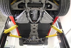 Only put the adapters at the vehicle manufacturer’s recommended lifting points when using a frame-engaging lift such as a two-post surface lift. Failure to do so could damage the vehicle or, even worse, create an unstable load that could fall. Only put the adapters at the vehicle manufacturer’s recommended lifting points when using a frame-engaging lift such as a two-post surface lift. Failure to do so could damage the vehicle or, even worse, create an unstable load that could fall.