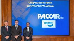 Shown left to right at the PACCAR SPM Award presentation are Bill Jackson, PACCAR vice president, global purchasing; Berend Bracht, Bendix president and CEO; and Rogier van de Garde, PACCAR senior director, purchasing. Shown left to right at the PACCAR SPM Award presentation are Bill Jackson, PACCAR vice president, global purchasing; Berend Bracht, Bendix president and CEO; and Rogier van de Garde, PACCAR senior director, purchasing.