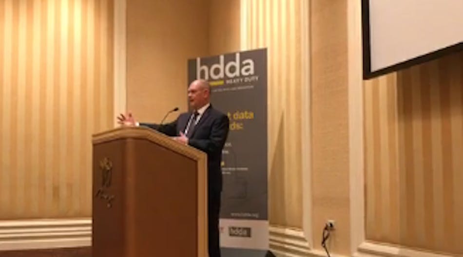 Auto Care CEO Bill Hanvey speaking at the HDDA: Heavy Duty press conference at HDAW18.