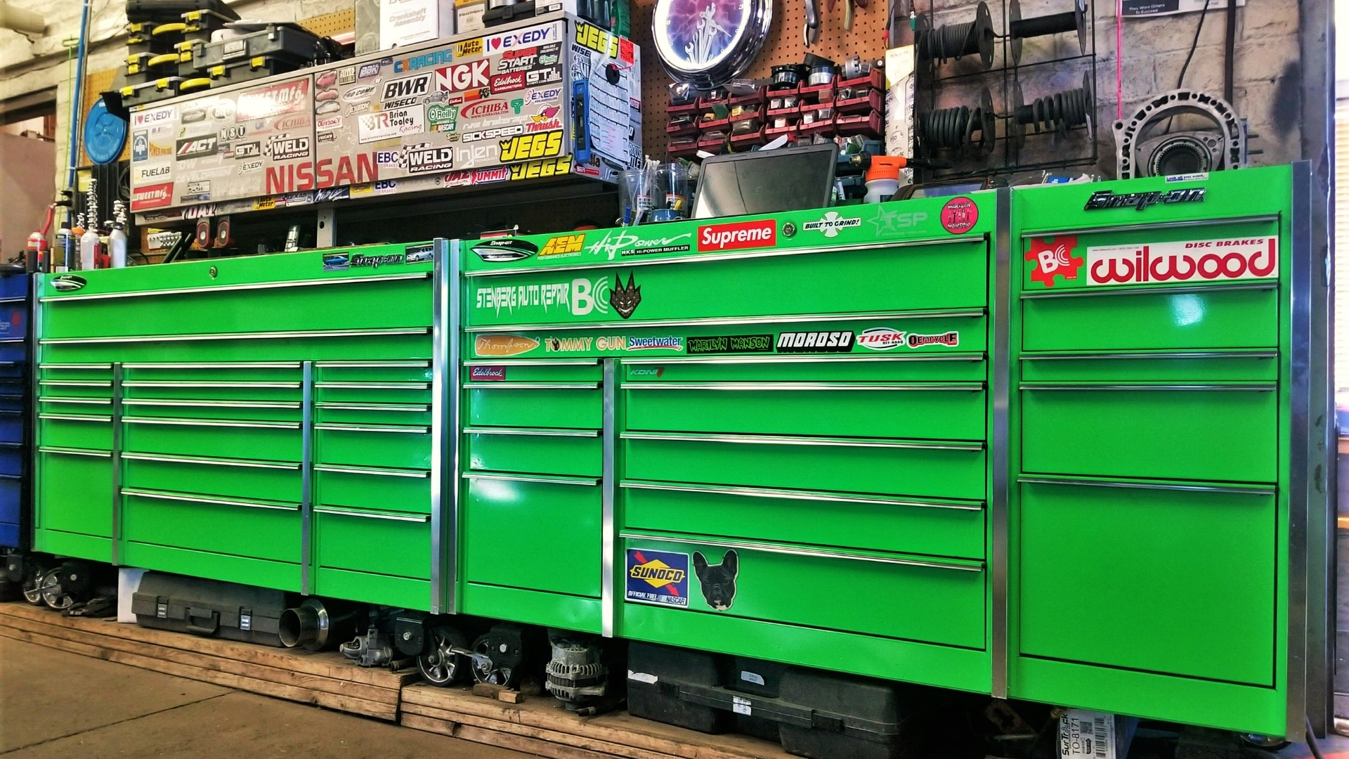 Two matching Snap-on KRL Master Series toolboxes take up 12' of wall space in this tech's shop.