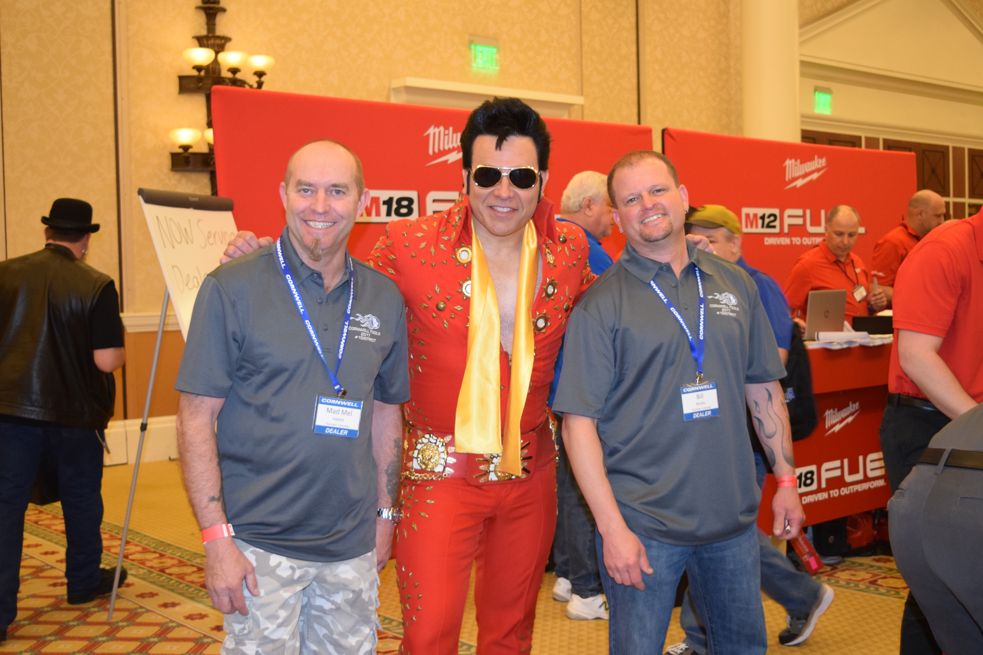 Elvis made an appearance at the 2018 Cornwell Tools National Rally. (Pictured here with mobile dealers Melvin Hattell and Bill Bruntz.)
