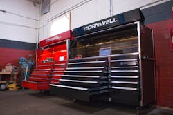 Two almost identical Cornwell tool boxes, even down to the tools inside, take up 14 feet of wall space at On the Shop Auto in Alsip, Illinois. Two almost identical Cornwell tool boxes, even down to the tools inside, take up 14 feet of wall space at On the Shop Auto in Alsip, Illinois.