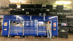 Rich Griffin has a 20&apos; long, 8&apos; tall, 3&apos; deep Snap-on setup featuring three main boxes, two hutches, a top chest, two lockers and four top cabinets.
