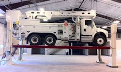 A utility company from the western United States utilizes the Stertil-Koni 4-post lift when servicing this bucket truck. A utility company from the western United States utilizes the Stertil-Koni 4-post lift when servicing this bucket truck.