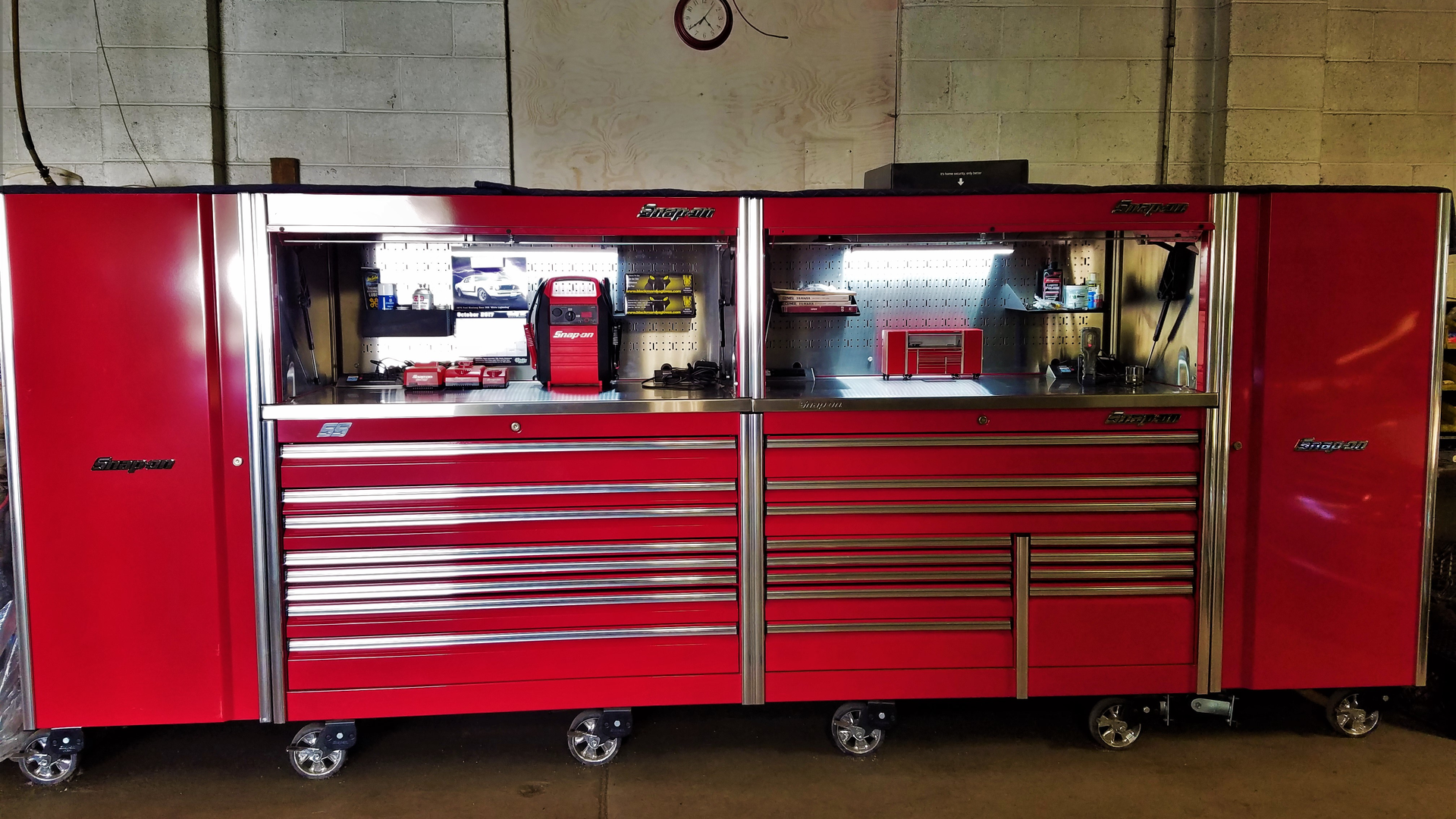 Shop owner Josh Wischmeyer of Charlie's Auto Repair in Michigan has a 15' long, 6' tall, 30' deep, red Snap-on setup.