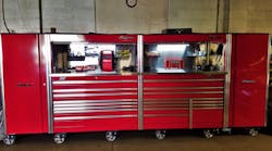 Shop owner Josh Wischmeyer of Charlie&apos;s Auto Repair in Michigan has a 15&apos; long, 6&apos; tall, 30&apos; deep, red Snap-on setup.
