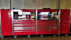 Shop owner Josh Wischmeyer of Charlie&apos;s Auto Repair in Michigan has a 15&apos; long, 6&apos; tall, 30&apos; deep, red Snap-on setup.