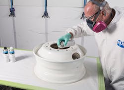 Step 4: Applying two wet coats of PPG CPC-SP8047 (white) or CPC-SP8050 (black) topcoat. Step 4: Applying two wet coats of PPG CPC-SP8047 (white) or CPC-SP8050 (black) topcoat.