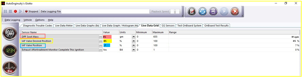 Screen capture from an AutoEnginuity scan tool. Note the difference between the IAF Desired position and the Actual Position.