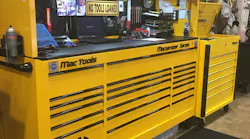 This Mac Tools Macsimizer Series box is 8’ long by 6’ high. It features a hutch and matching Snap-on tool cart.