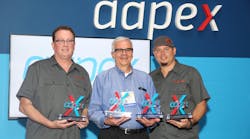 Left to right, representing the Best of Show winners in the AAPEX 2018 Best Booth Awards are Doug Spitler, president, Ullman Devices; Flloyd Sobczak, marketing manager, Gates Corporation; and Mike Barthel, marketing manager, Ullman Devices.