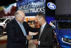 Ford CEO Jim Hackett (left) and Volkswagen CEO Dr. Herbert Diess confirmed that the companies intend to develop commercial vans and medium-sized pickups for global markets. Ford CEO Jim Hackett (left) and Volkswagen CEO Dr. Herbert Diess confirmed that the companies intend to develop commercial vans and medium-sized pickups for global markets.