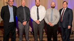 Three top finalists selected as winners of the 2019 NationaLease Tech Challenge will represent the organization at TMC&rsquo;s Annual SuperTech Competition at the organization&rsquo;s fall meeting. Pictured from left to right are Dean Vicha, president, NationaLease; 1st Runner Up Brian Peters, Salem NationaLease; Top Tech Rick Davis, Hogan Truck Leasing Inc., a NationaLease Member; 2nd Runner Up Sam Hawkins, Schow&rsquo;s NationaLease; Joe Puff, vice president of technology and maintenance, NationaLease.