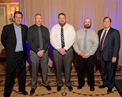 Three top finalists selected as winners of the 2019 NationaLease Tech Challenge will represent the organization at TMC&rsquo;s Annual SuperTech Competition at the organization&rsquo;s fall meeting. Pictured from left to right are Dean Vicha, president, NationaLease; 1st Runner Up Brian Peters, Salem NationaLease; Top Tech Rick Davis, Hogan Truck Leasing Inc., a NationaLease Member; 2nd Runner Up Sam Hawkins, Schow&rsquo;s NationaLease; Joe Puff, vice president of technology and maintenance, NationaLease.