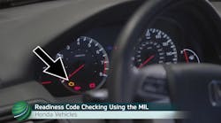 To begin readiness code checking with the malfunction indicator lamp (MIL), start with the ignition off. Then, turn the ignition on, while keeping the engine off. For the next step, view the next photo.