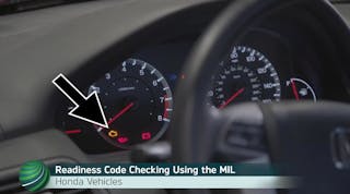 To begin readiness code checking with the malfunction indicator lamp (MIL), start with the ignition off. Then, turn the ignition on, while keeping the engine off. For the next step, view the next photo.