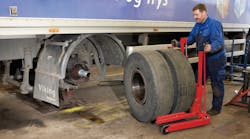 A high lift wheel dolly allows wheel removal without back strain.