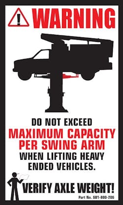 Pay attention to the warning decal on your lift. This decal is supplied on two-post lifts as a visual reminder to not exceed maximum capacity per swing arm. Pay attention to the warning decal on your lift. This decal is supplied on two-post lifts as a visual reminder to not exceed maximum capacity per swing arm.