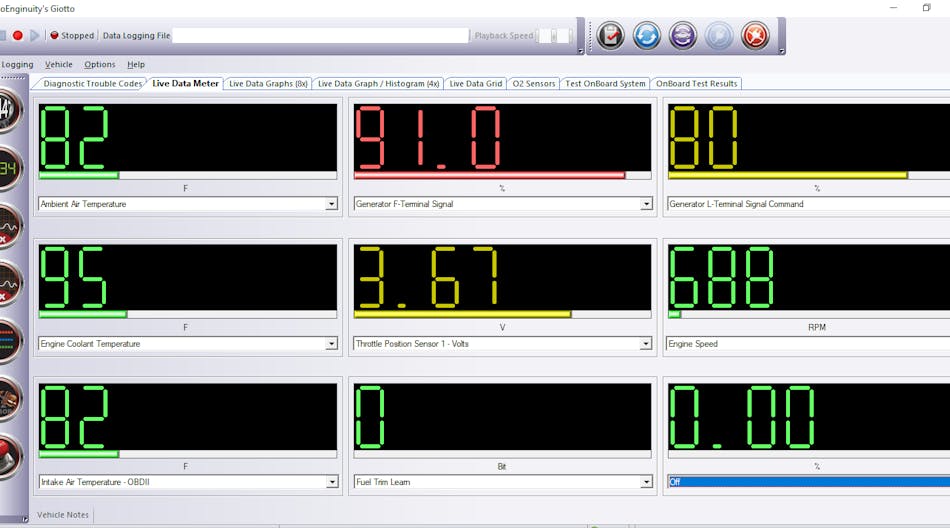 AutoEnginuity Giotto screenshot showing PIDS associated with charging system.
