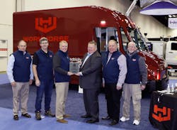 Representatives from Workhorse accept The Work Truck Show 2020 Innovation Award, green category, for the company&apos;s C-Series lightweight step van. From left to right: Daniel Zito, vice president, business development; Steve Conrad, training and safety director; Pax Lindell, director of sales; NTEA President and CEO Steve Carey; Mike Dektas, consultant; Gary Sheldt, marketing manager.