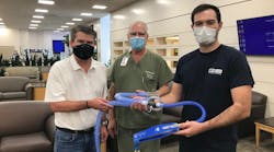 GB Remanufacturing, Inc. delivers ventilator parts to Long Beach Memorial Hospital. From left to right: Mike Kitching, president and CEO, GB Remanufacturing Inc.; James Pierce, respiratory therapy manager, Long Beach Memorial Hospital; Zack Evert, engineering manager, GB Remanufacturing Inc.
