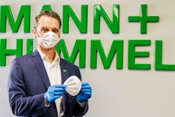 Mann+Hummel&rsquo; Chief Technology/Digital Officer Charles Vaillant sporting the new face mask design, produced in the company&rsquo;s Fayetteville, North Carolina, facility.