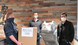 LVO employees William Kulnis (left) and Karan Arora (right) presented face shields to Lehigh Valley Health Network representative Adam Selmasska (center). LVO employees William Kulnis (left) and Karan Arora (right) presented face shields to Lehigh Valley Health Network representative Adam Selmasska (center).